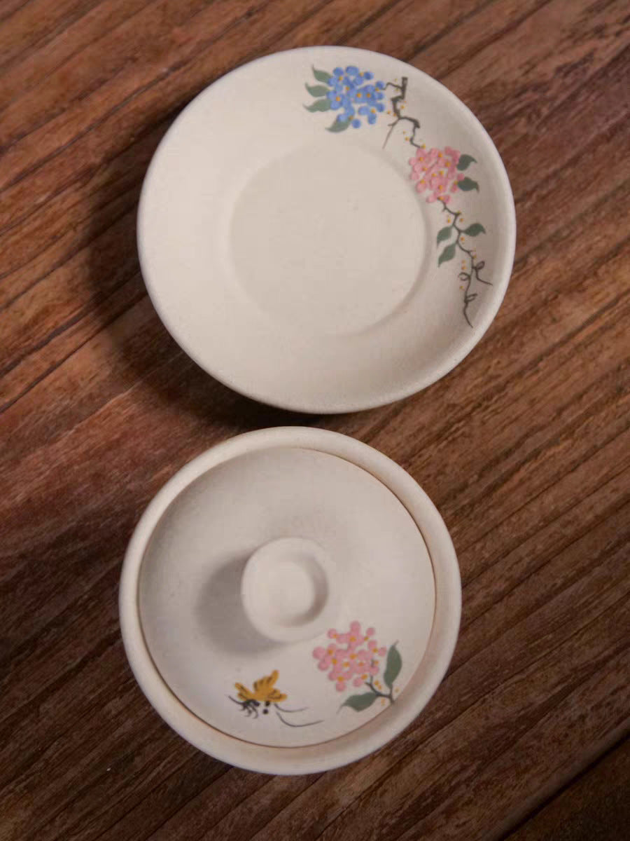 宜兴紫砂白段泥绘绣球花盖碗杯手绘复古茶盖碗中式容量180毫升