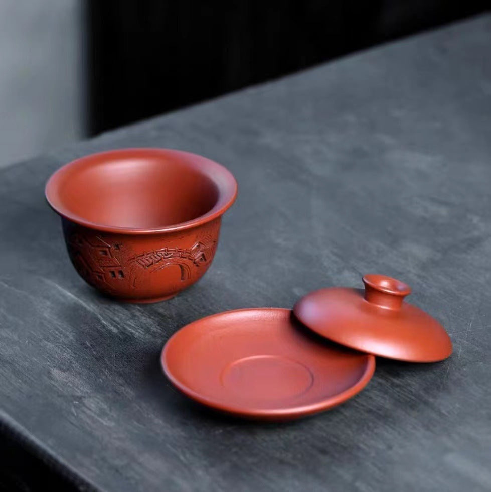 宜兴原矿紫砂杯泡茶杯大红袍江南小镇刻绘三才盖碗 140cc