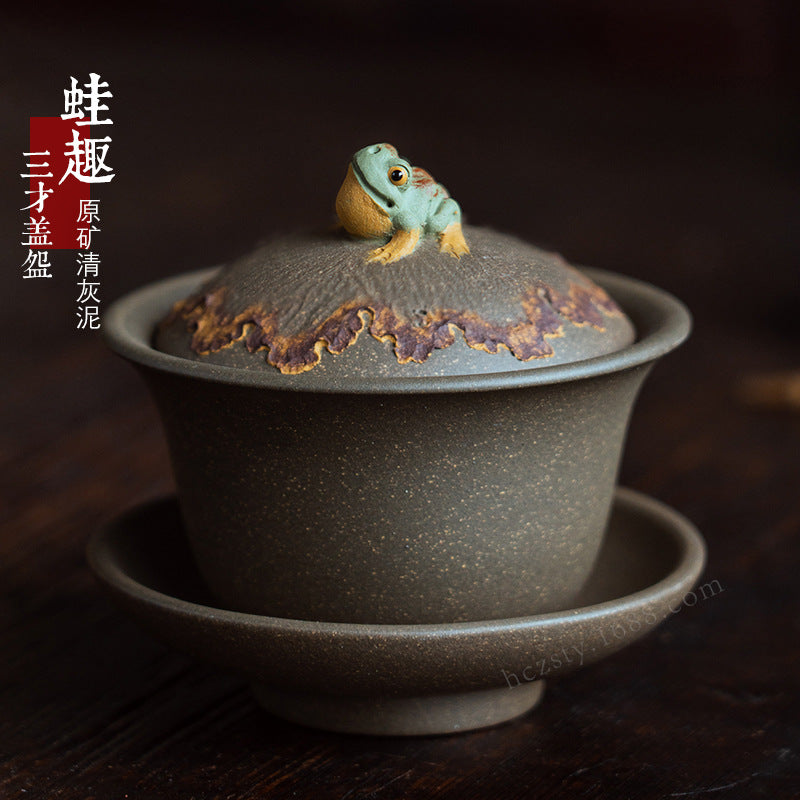 紫砂青蛙盖碗120CC宜兴三才盖碗茶碗敬茶碗大茶杯蛙趣仿生茶具套装配件