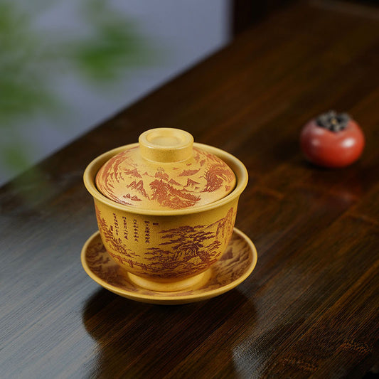 功夫茶具原矿紫砂220CC山居秋瞑杯段泥手绘刻绘山水杯文人茶碗三才盖碗