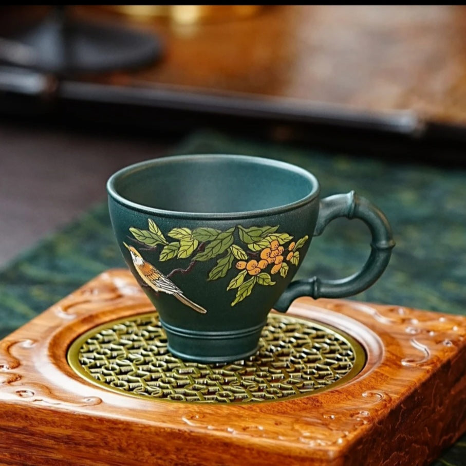 紫砂苏门答腊青带把高款全手工手绘高档茶具茶杯180毫升 喜上枝头