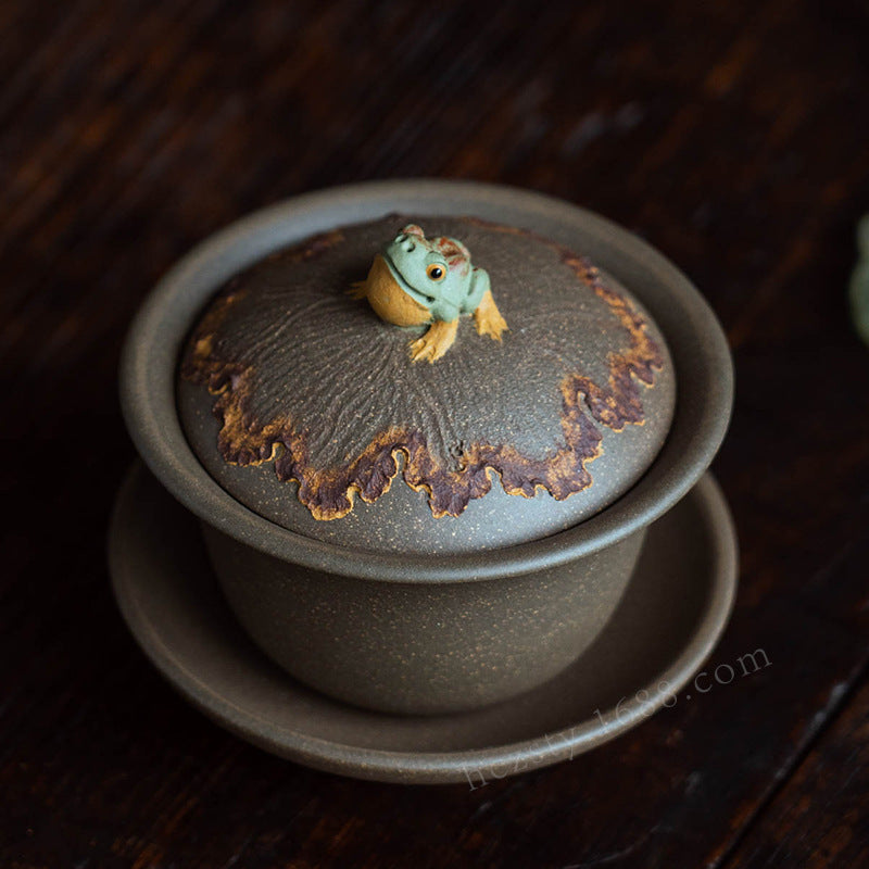 紫砂青蛙盖碗120CC宜兴三才盖碗茶碗敬茶碗大茶杯蛙趣仿生茶具套装配件