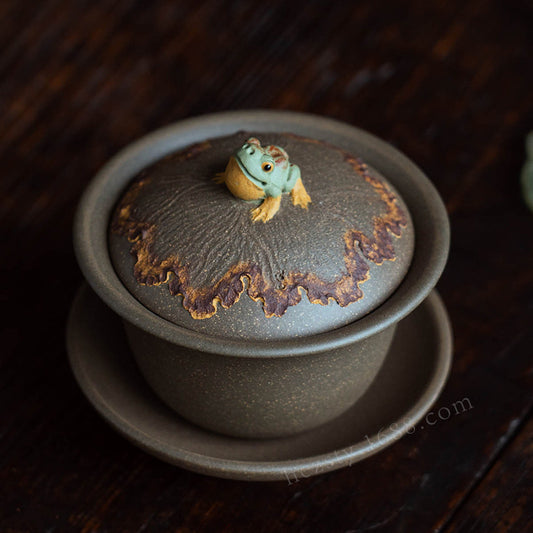 紫砂青蛙盖碗120CC宜兴三才盖碗茶碗敬茶碗大茶杯蛙趣仿生茶具套装配件