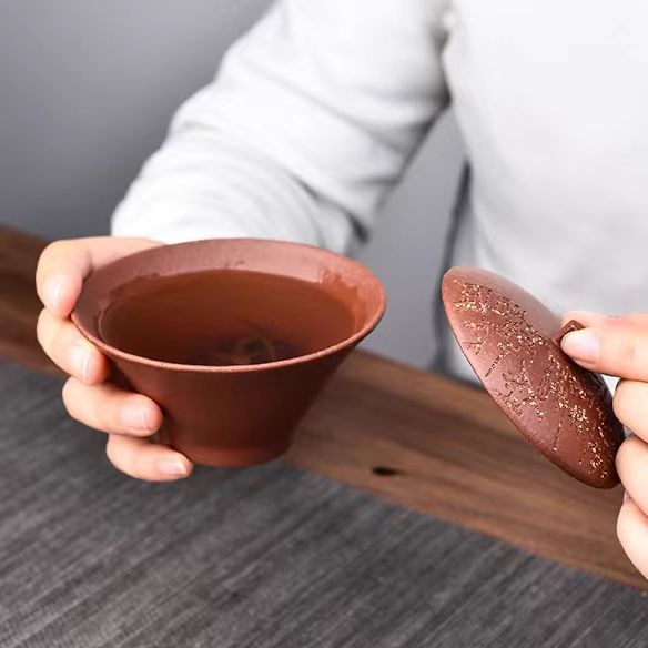 全纯手工100CC宜兴原矿正宗紫砂清凤盖碗茶杯单个刻绘高档茶具套装礼品