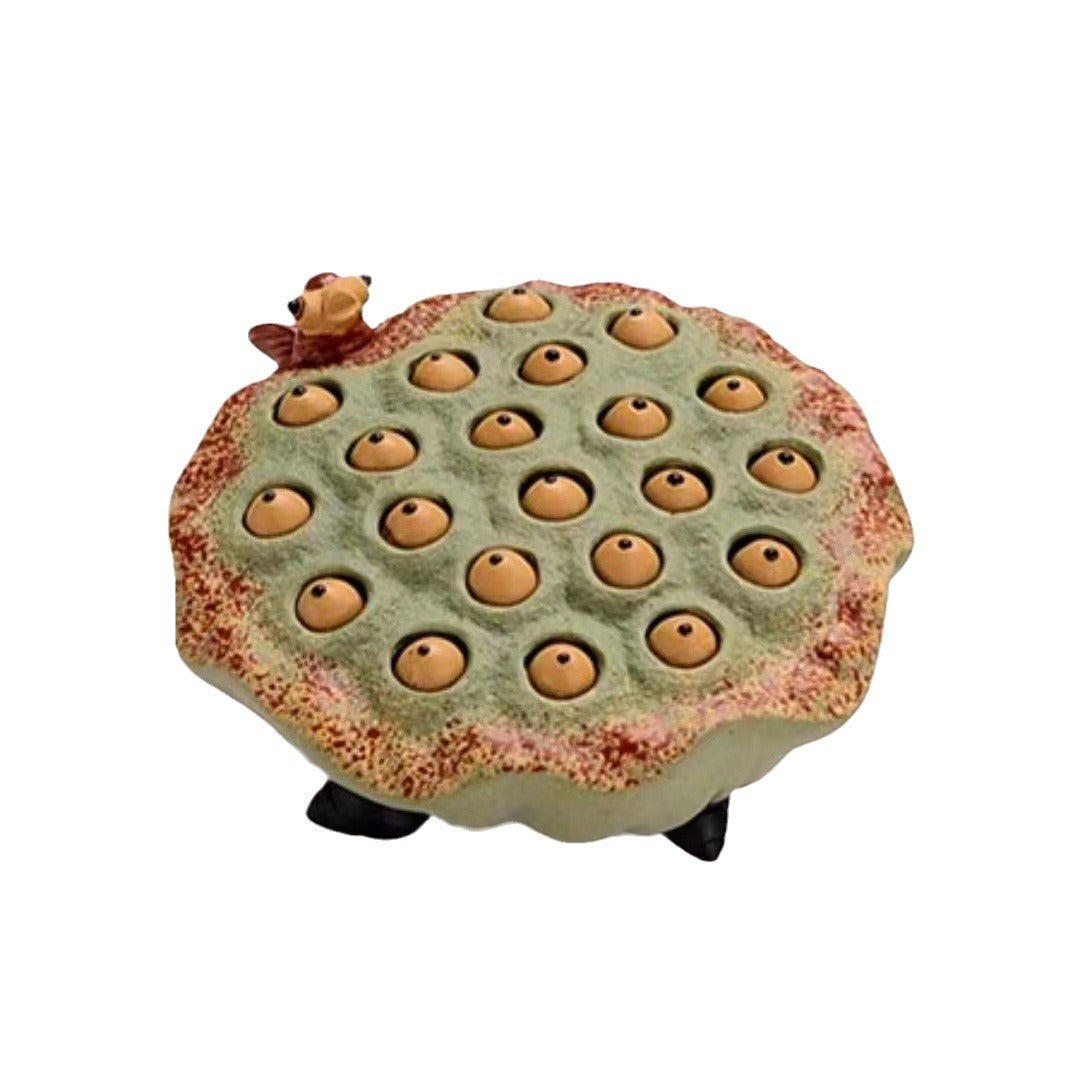 紫砂茶宠莲子直径9CM创意手工金鱼喷水莲蓬精品茶台茶具壶盖托摆件可养