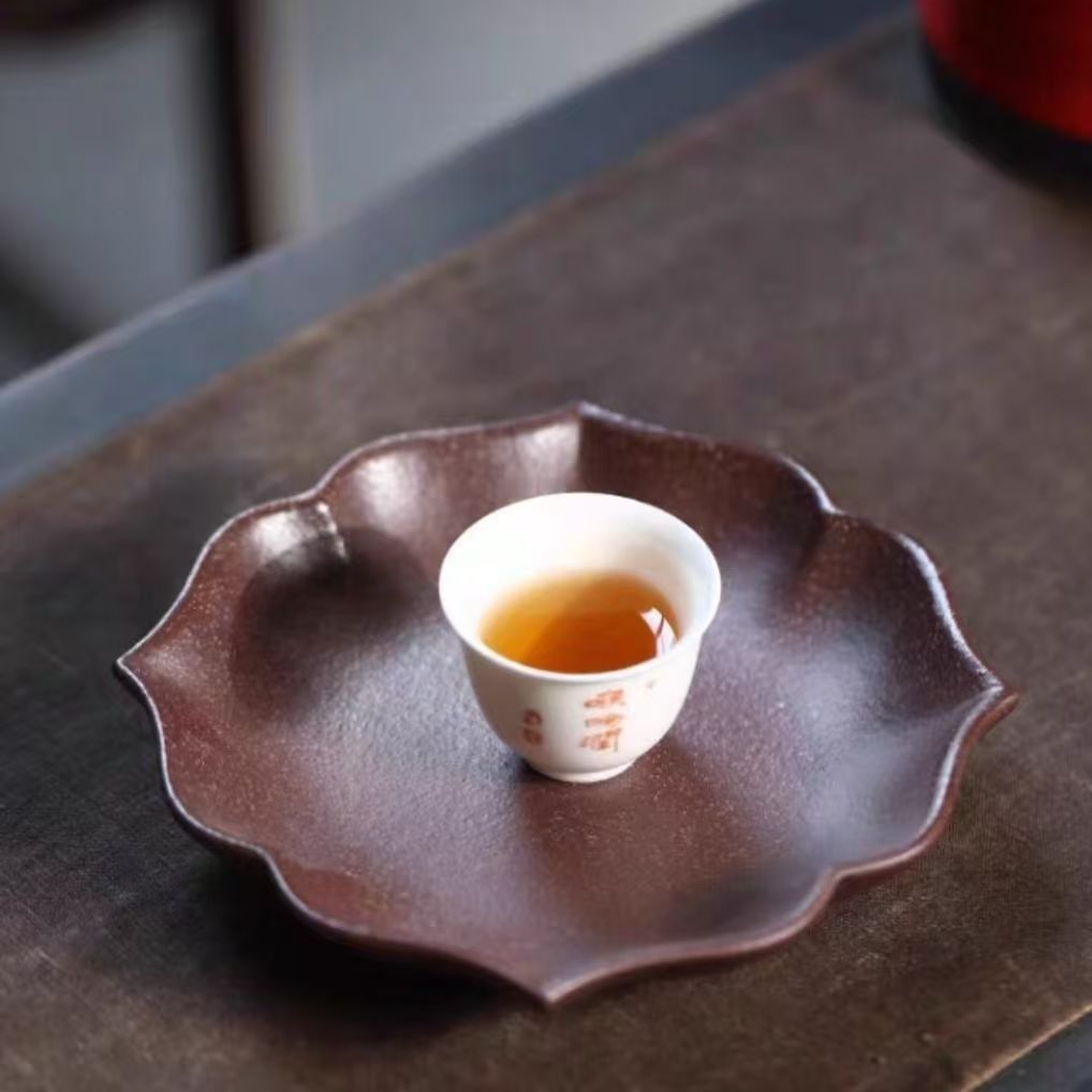 宜兴紫砂手工干泡台壶托壶承直径17CM干泡台茶盘杯垫菱花功夫茶具茶台配件