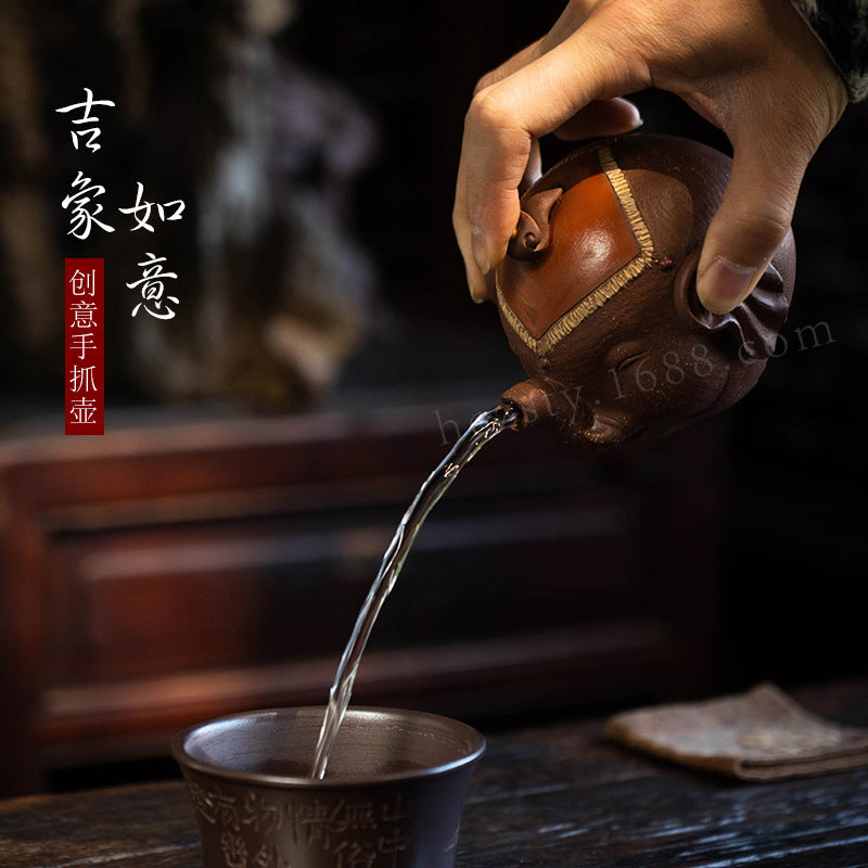 宜兴紫砂壶220CC大象壶手工内球孔手抓壶分茶器雕塑原矿吉象如意盖碗