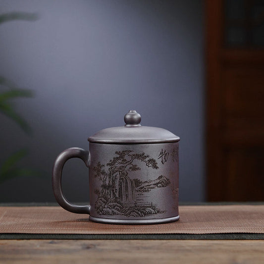 Handmade Yixing purple sand tea cup with landscape design, large capacity 500ml cup for office use.
