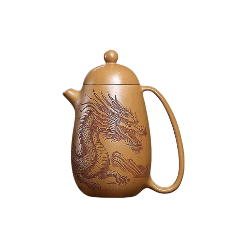 Handmade Yixing purple sand teapot with dragon design, crafted from raw ore for kung fu tea enthusiasts.