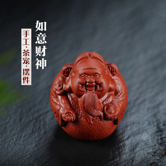 Handmade Yixing purple sand tea pet statue of the God of Wealth, perfect for Kung Fu tea set accessories.