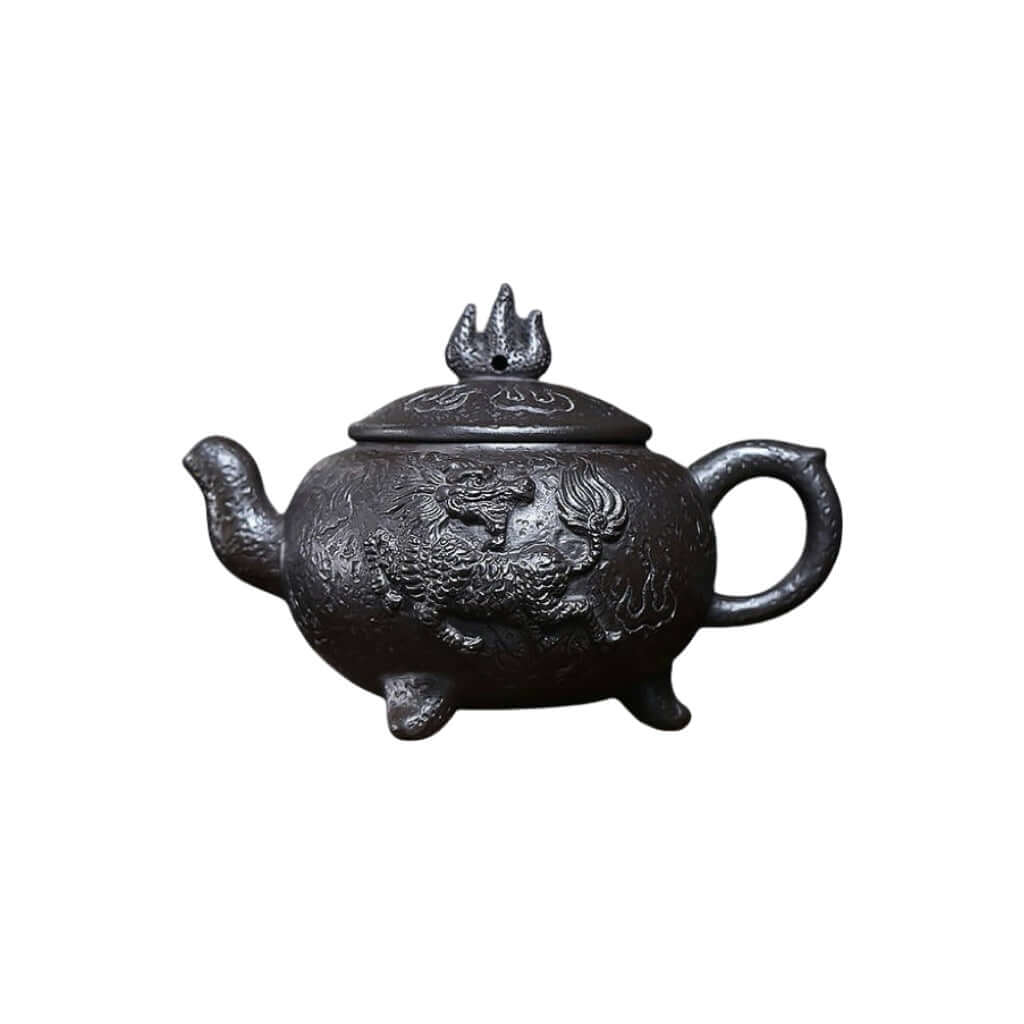 Handmade Yixing purple sand teapot with intricate Kirin design, ideal for kung fu tea sets and collectors.