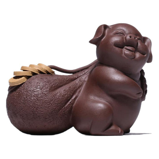 Handmade Yixing purple sand pig tea pet figurine, symbolizing fortune and blessings for tea tray decoration.