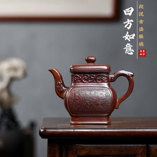 Handmade Yixing purple sand teapot with intricate design, crafted by skilled artisans for a unique tea experience.