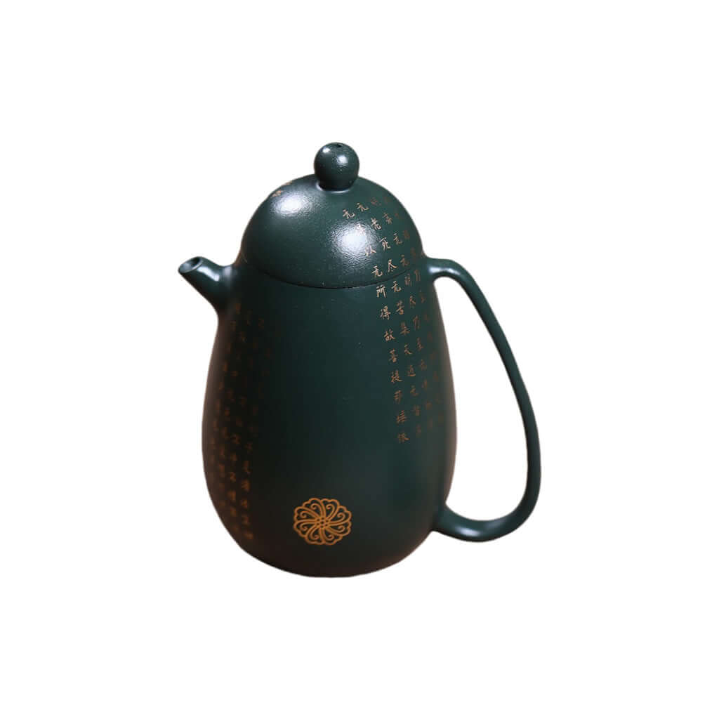 Handmade Yixing purple sand teapot in black green mud with gold details, perfect for home kung fu tea set.