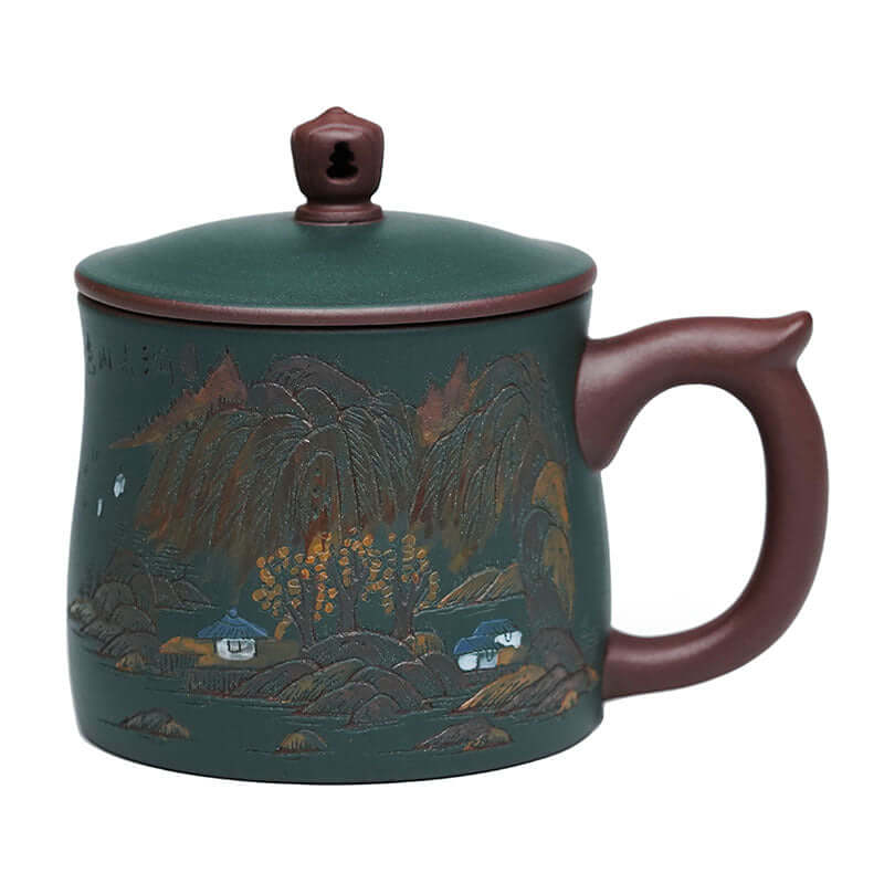 Handmade Yixing purple sand tea cup featuring a scenic lake and mountain design, perfect for high-end office use.