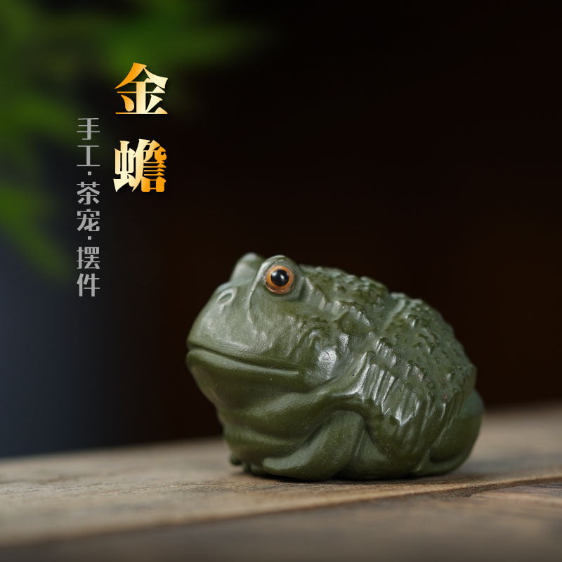 Handmade Yixing purple sand frog sculpture, small green clay ornament for tea table, creative gift idea.