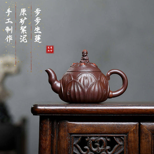 Handmade Yixing purple sand teapot crafted from original purple clay, featuring intricate lotus design for kung fu tea sets.