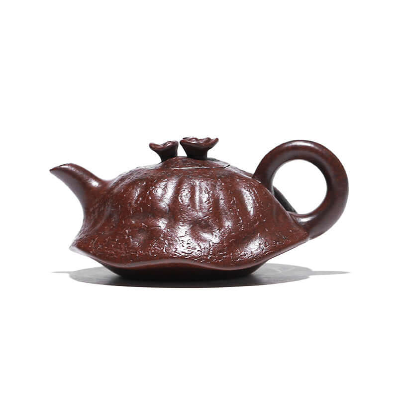 Handmade Yixing purple sand teapot in iron red dragon blood sand, featuring elegant design and crafted details.