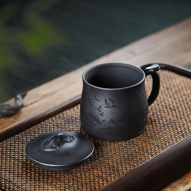 Handmade Yixing purple sand tea cup featuring a bird design, ideal for office use, large capacity and unique craftsmanship.