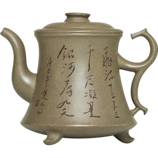 Handmade Yixing purple sand teapot with poetic inscriptions, elegant design and raw ore crab shell green finish.