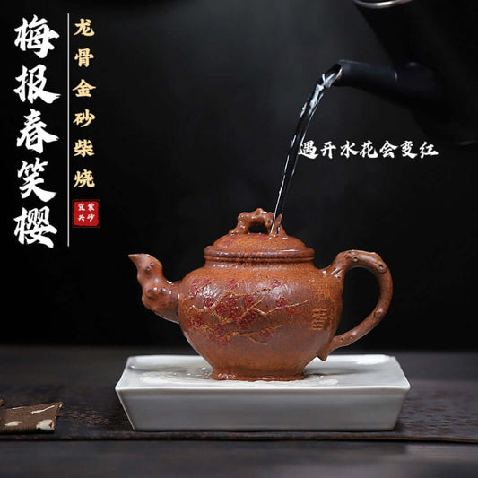 Handmade Yixing purple sand teapot being poured, showcasing unique craftsmanship and design for kung fu tea rituals.