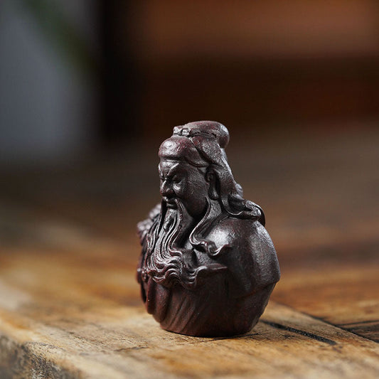 Handmade Yixing purple sand Guan Gong ornament, creative sculpture for tea enthusiasts, unique tea toy craft.