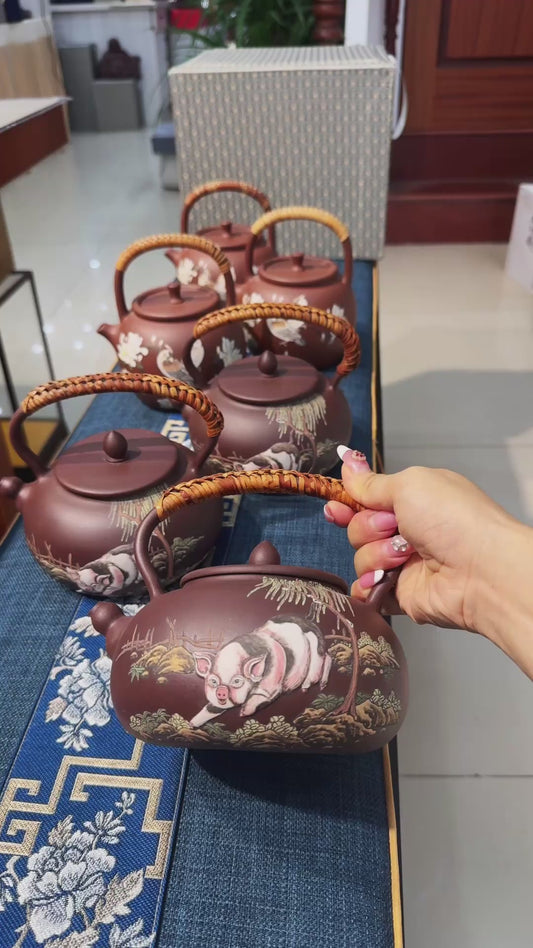 紫砂提梁手绘煮水壶 原矿高温老紫泥 容量 850cc 传统手制·