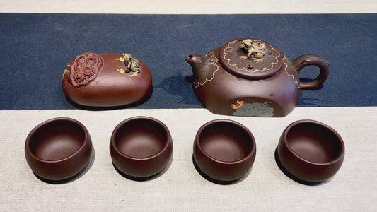 【荷塘清趣套组】 美壶捡漏 一壶四杯一茶宠 原矿底槽清.绿泥粉饰