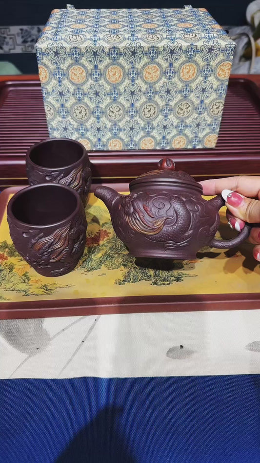 专注紫砂龙壶三十年【双龙戏珠套组】高性价比精品 原矿紫茄泥· 240cc·小杯130cc原创紫砂手艺人·朱红景