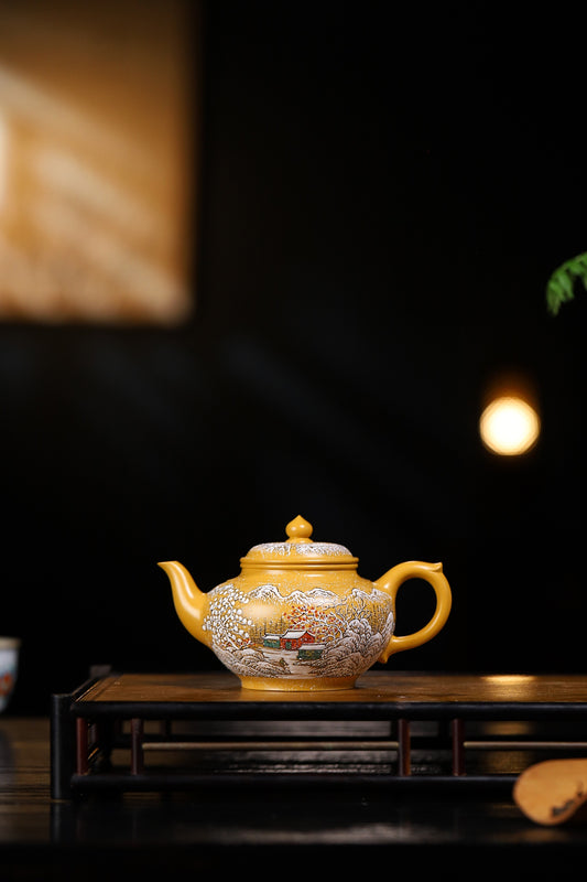 Handmade Yixing purple sand teapot with intricate floral design, showcasing traditional craftsmanship in a dark setting.