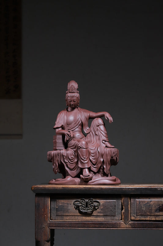 茶宠高货【最美观世音菩萨】紫泥粉老段泥 持经自在观音