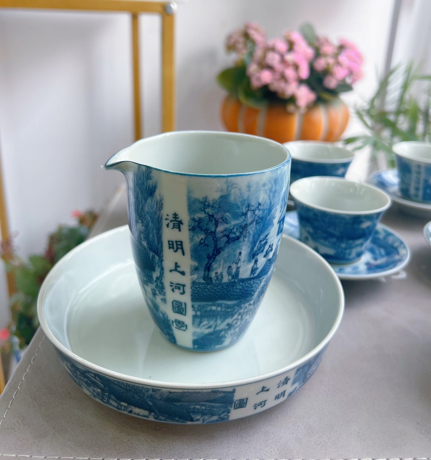 青花瓷套装【手绘清明山河套装】证书+礼盒齐全盖碗200cc公道杯200cc小杯80cc