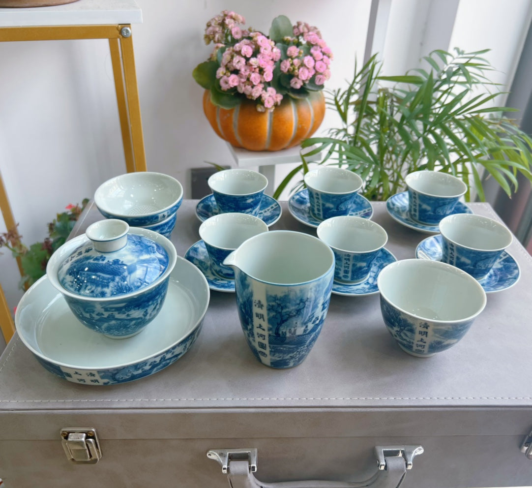 青花瓷套装【手绘清明山河套装】证书+礼盒齐全盖碗200cc公道杯200cc小杯80cc