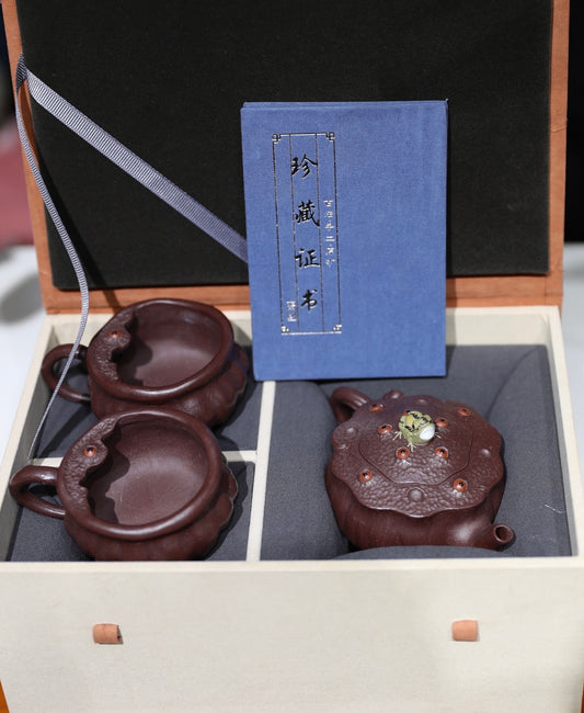 茶壶鉴藏【青蛙莲蓬套组】原矿窖藏老紫泥一壶二杯壶160cc小杯85cc
