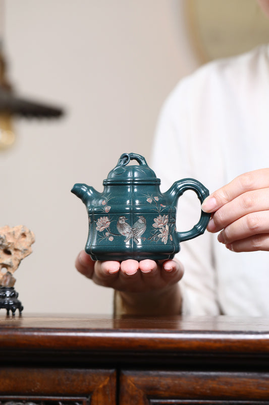 紫砂七老任淦庭嫡孙 紫砂泰斗任仲光之子 六方隐角竹鼎  200cc 泥料 早期一厂老绿泥