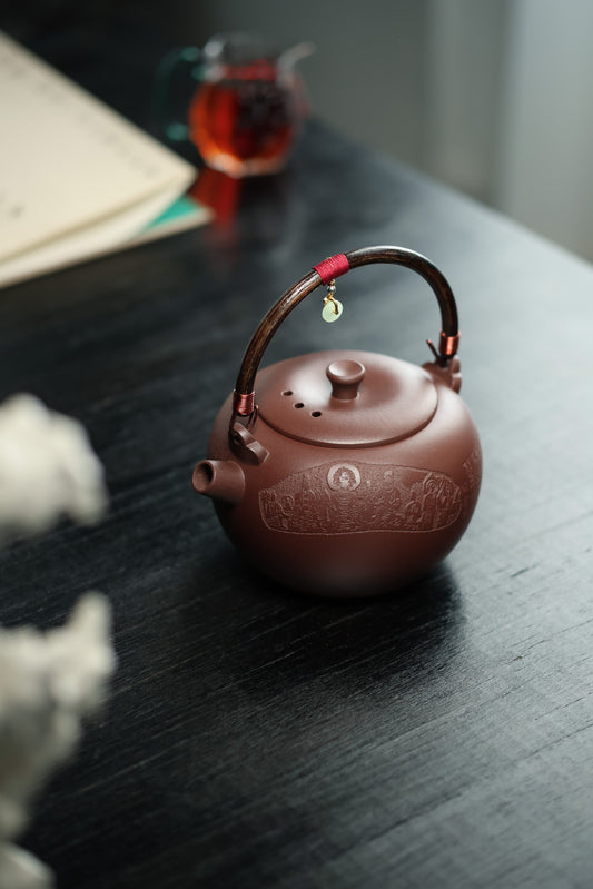 太白提梁煮水壶（陶刻款）【优质高温紫砂泥 手工制作 1000cc 煮茶壶 民间实力派作品】