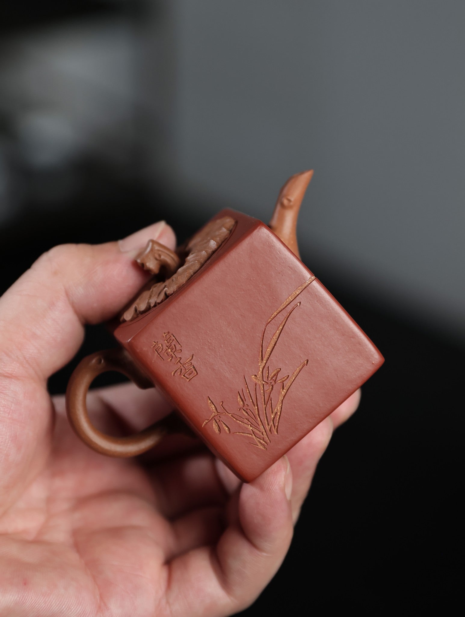 方柿子壶【精工手制·全手工·仿生器·100cc·降坡泥内胎粉浆 方器 手工刻绘刻绘】