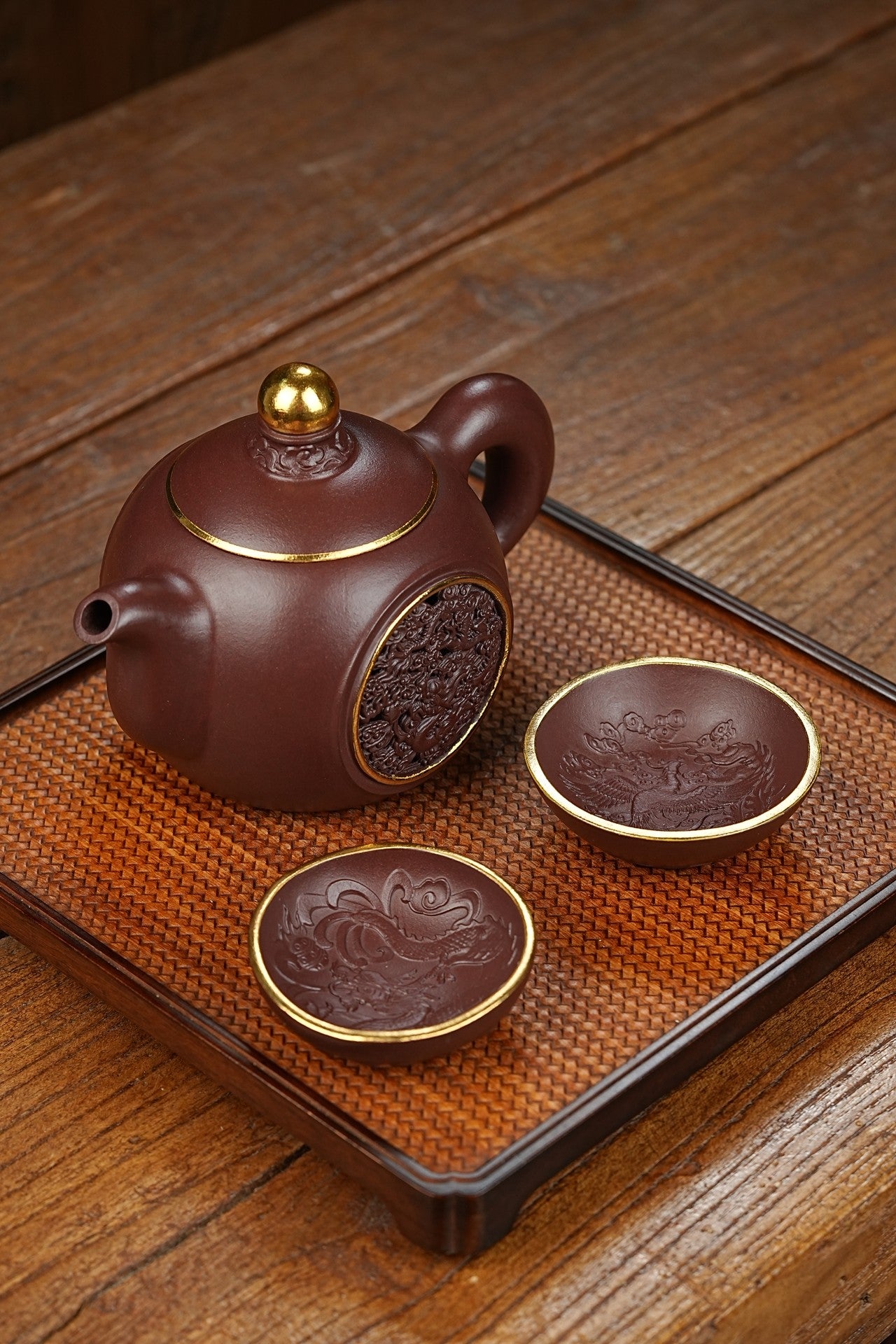 双工新品【龙凤呈祥套组】家藏茄皮紫 一壶两杯 一龙一凤600cc 全手工制作