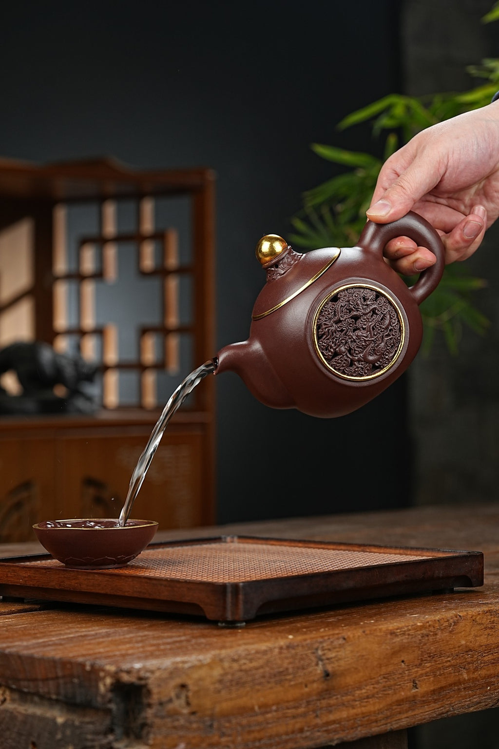 双工新品【龙凤呈祥套组】家藏茄皮紫 一壶两杯 一龙一凤600cc 全手工制作