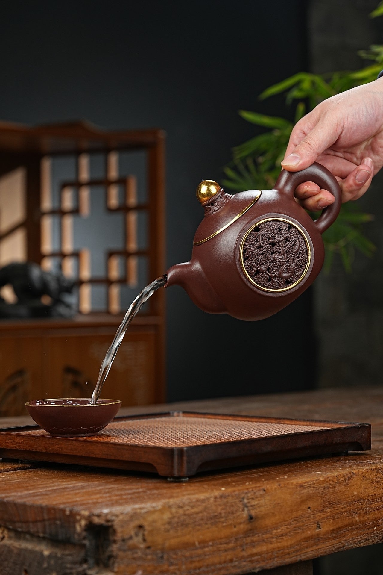 双工新品【龙凤呈祥套组】家藏茄皮紫 一壶两杯 一龙一凤600cc 全手工制作