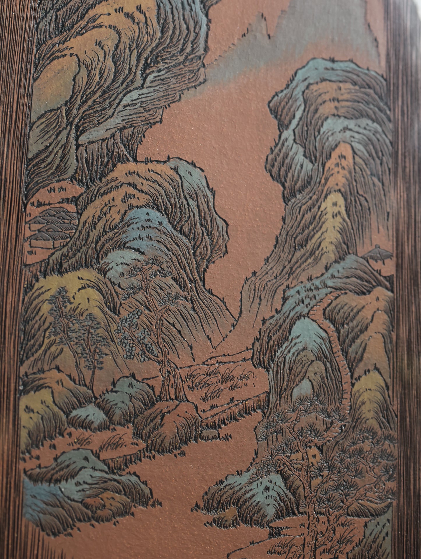 李峰大师 | 紫砂界特色彩刻开创艺术家精刻《山水陶板画》巨匠背书：双国大师吴鸣嫡传·彩刻开创者