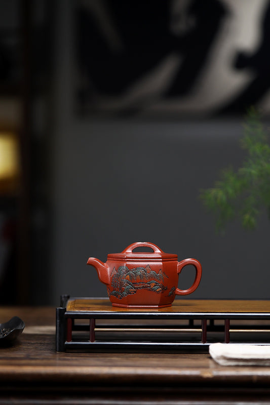 李峰大师 | 紫砂界特色彩刻开创艺术家精刻《六方汉瓦壶》原矿极品底槽清·200cc