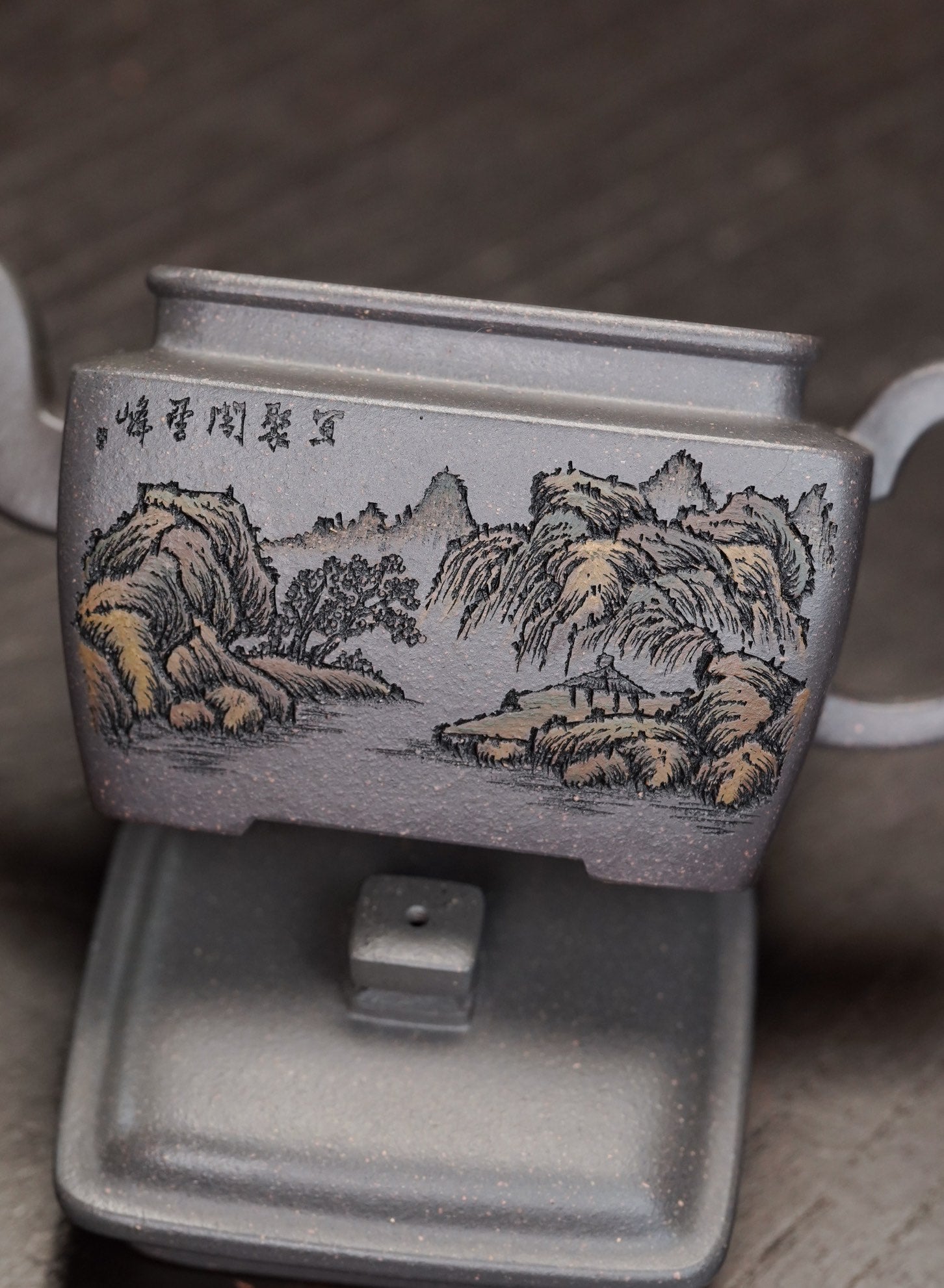 李峰大师 | 紫砂界特色彩刻开创艺术家精刻《小四方壶》原矿极品天青泥·180cc