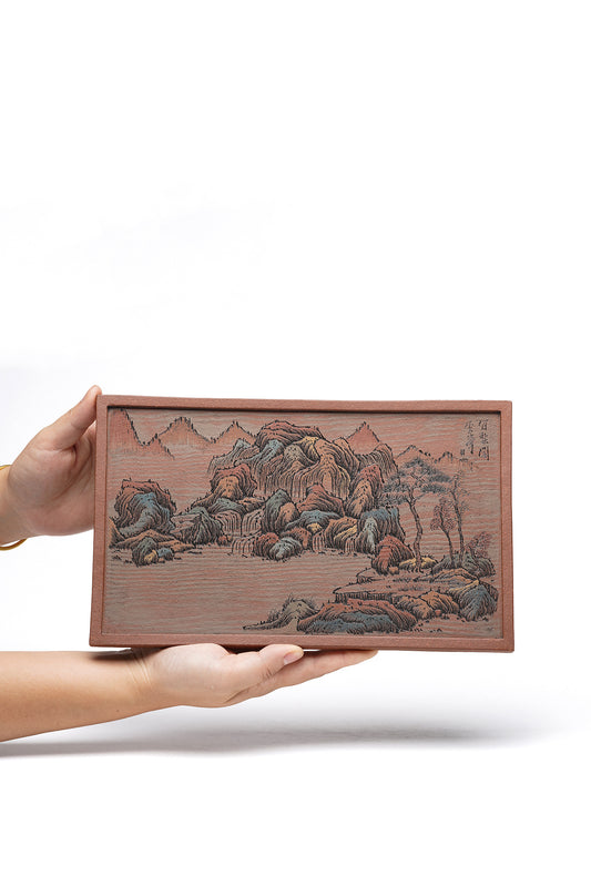 李峰大师 | 紫砂界特色彩刻开创艺术家精刻《千里江山干泡盘》原矿优质底槽清长30宽18厚0.9cm