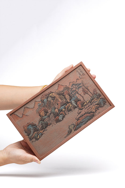 李峰大师 | 紫砂界特色彩刻开创艺术家精刻《千里江山干泡盘》原矿优质底槽清长30宽18厚0.9cm