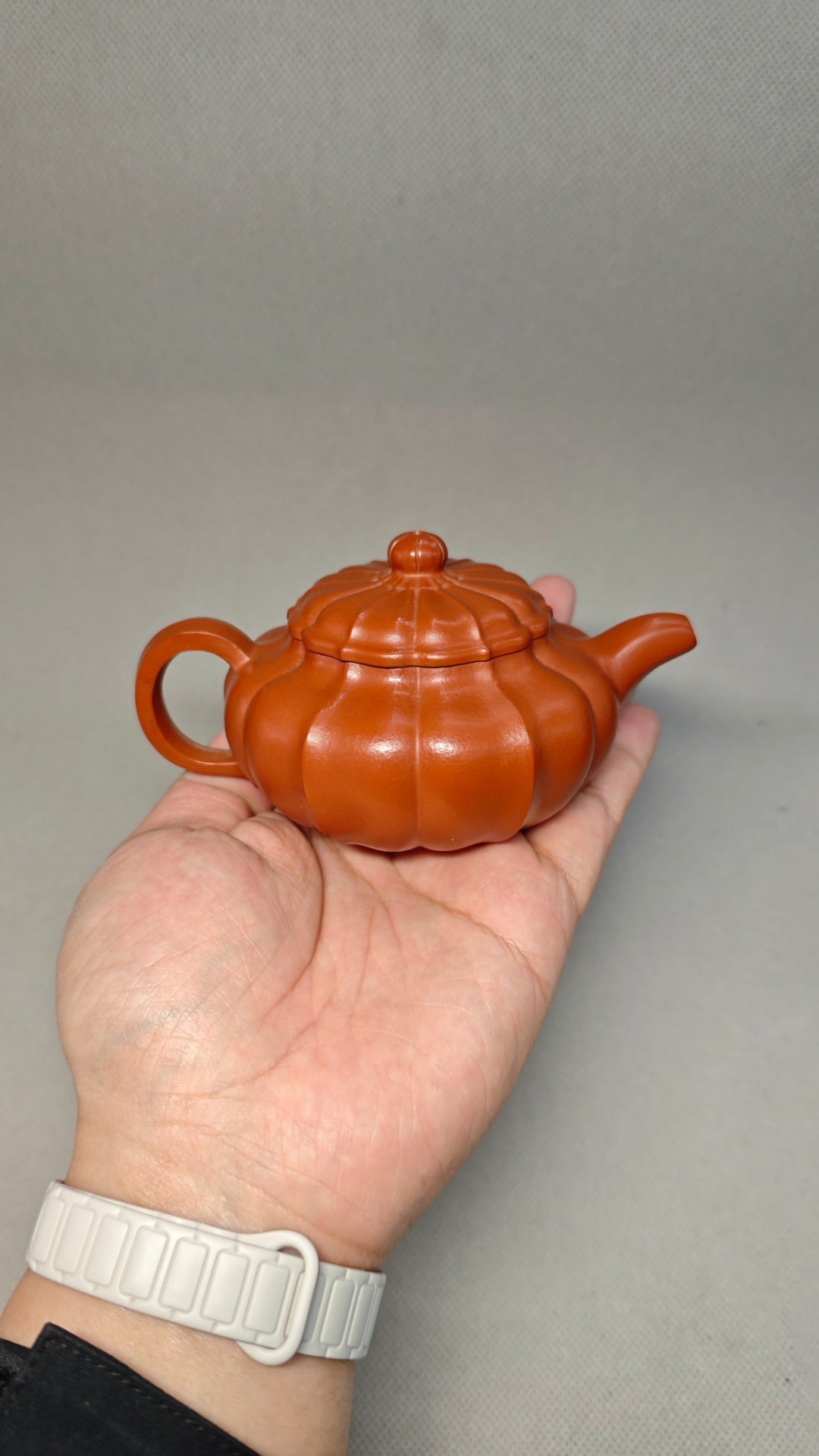 精工筋纹器 口盖不漏水 【筋纹扁古】 泥料：原矿朱泥 容量：150cc 孔数：7孔