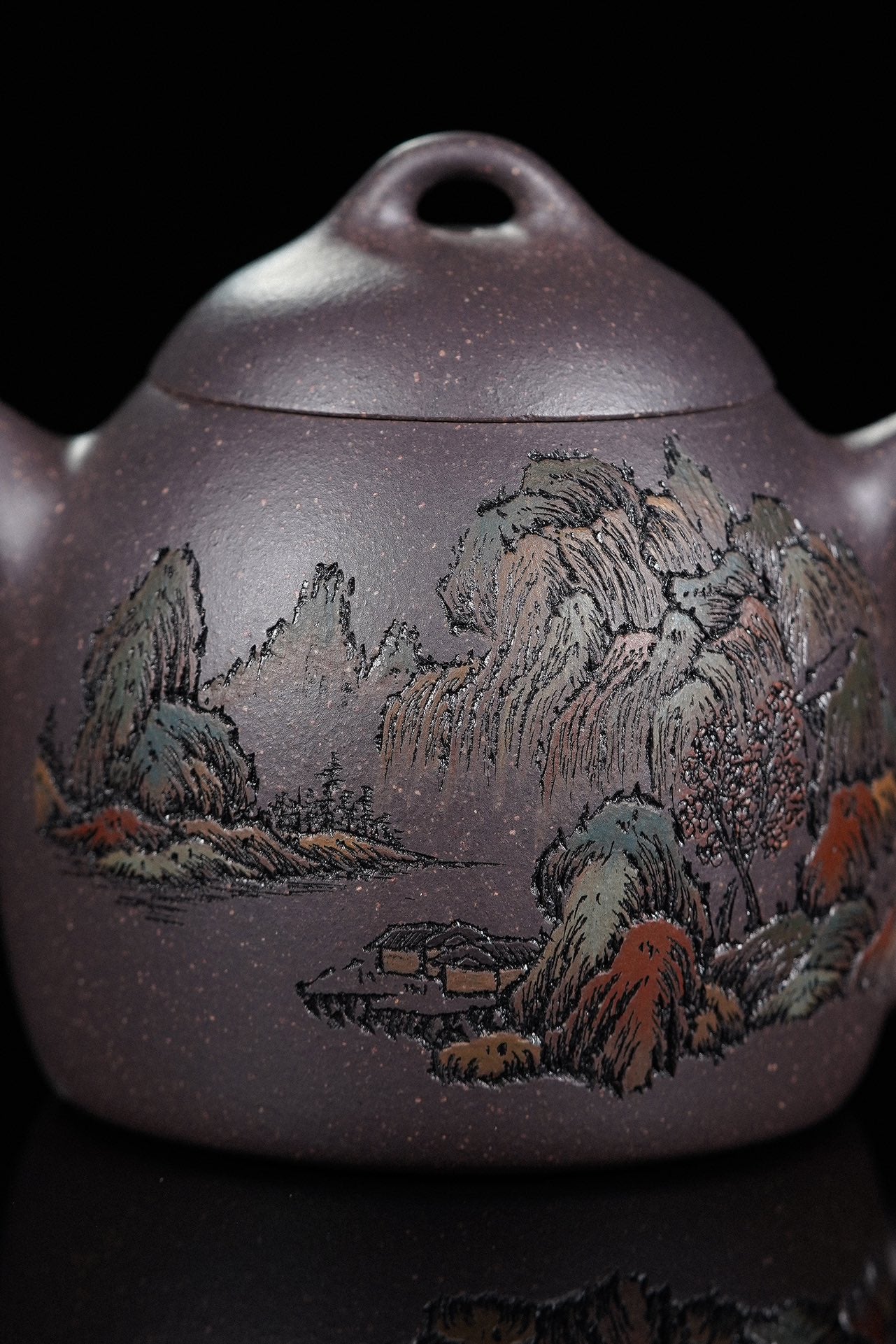 紫砂界彩刻山水标杆·李峰大师｜恭王府馆藏臻品· 大拍16万同款《秦权壶》原矿极品天青泥·150cc