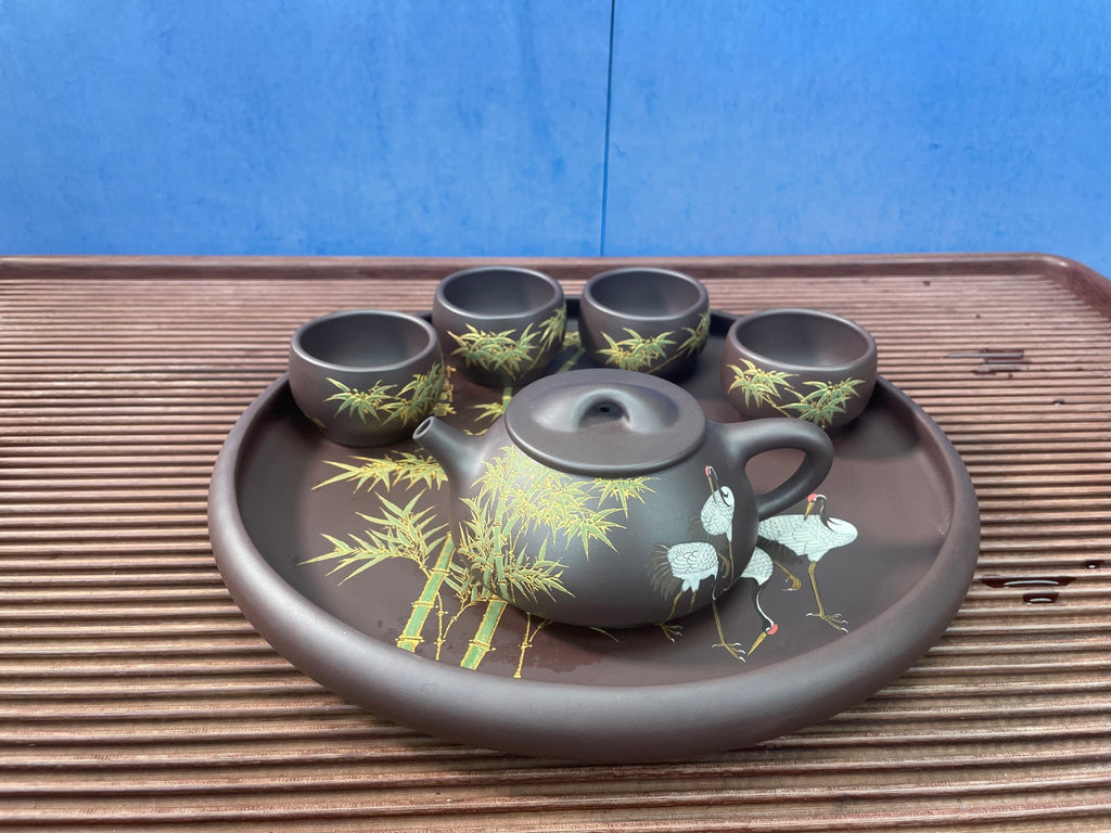 【石瓢六件套（泥绘：竹鹤同春）】全手工泥绘，匠心凝聚，艺术传承