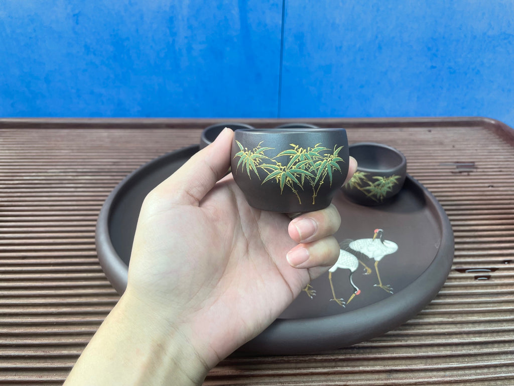 【石瓢六件套（泥绘：竹鹤同春）】全手工泥绘，匠心凝聚，艺术传承