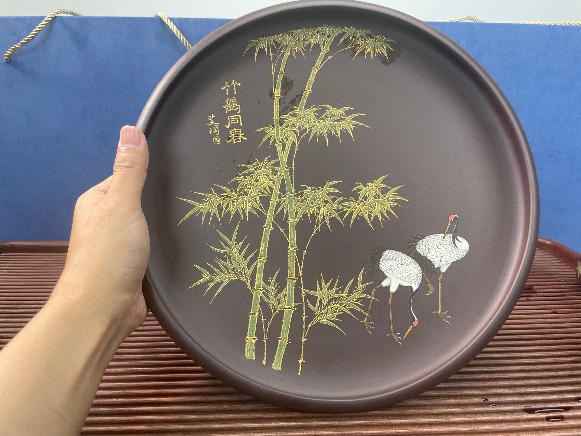 【石瓢六件套（泥绘：竹鹤同春）】全手工泥绘，匠心凝聚，艺术传承
